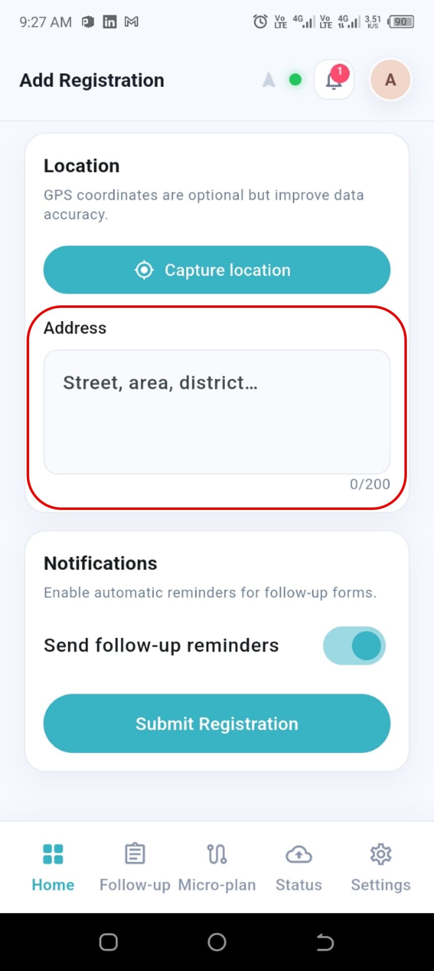 Address field on the Add Registration page