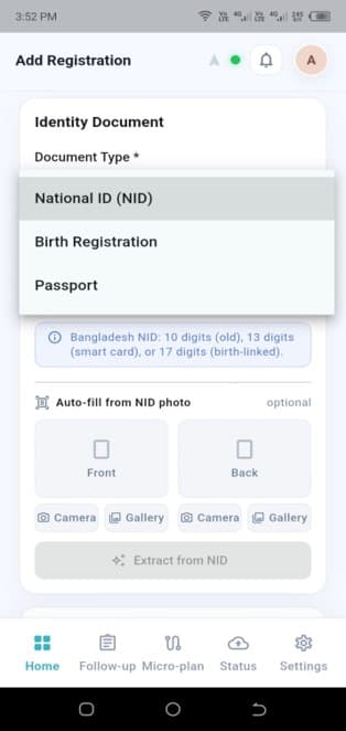Document Type dropdown with National ID, Birth Registration, and Passport