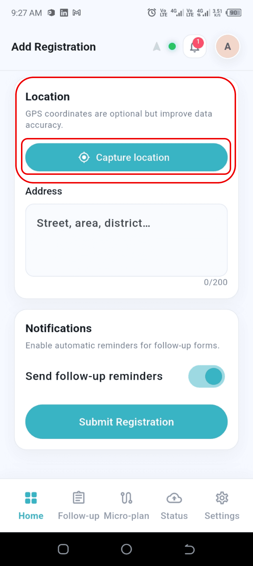 Location card with the Capture location button and Address field
