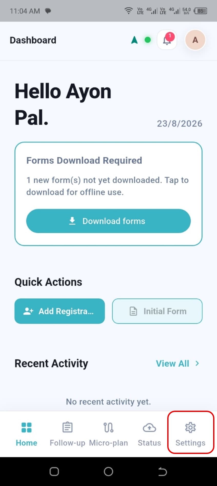 Settings tab selected in the bottom navigation bar