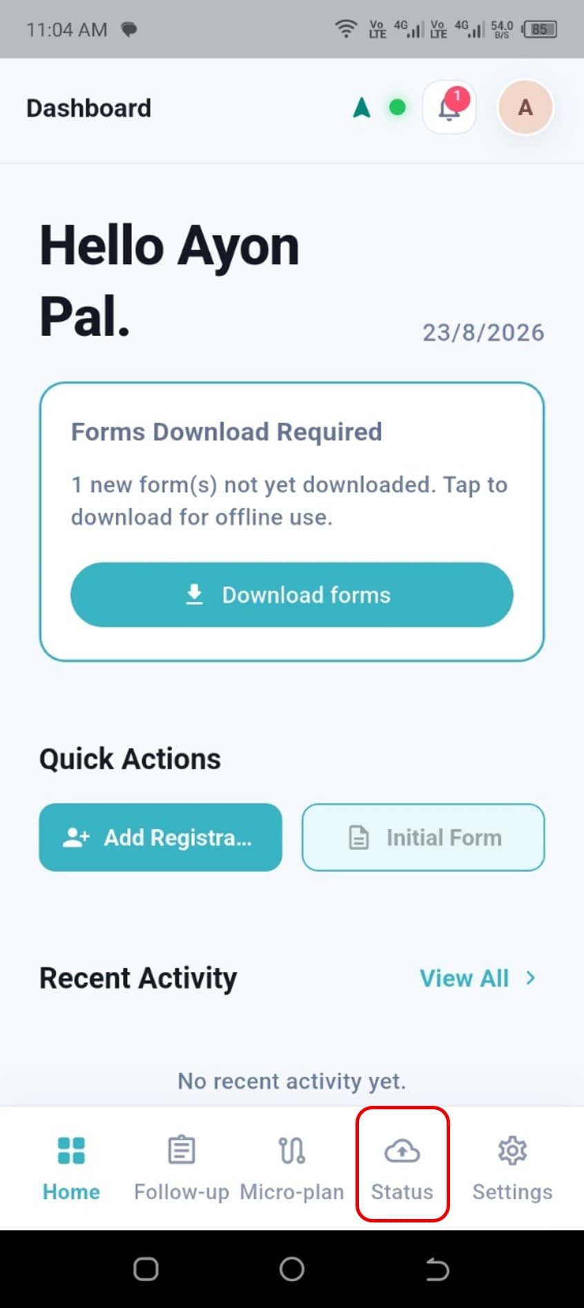 Status tab selected in the bottom navigation bar