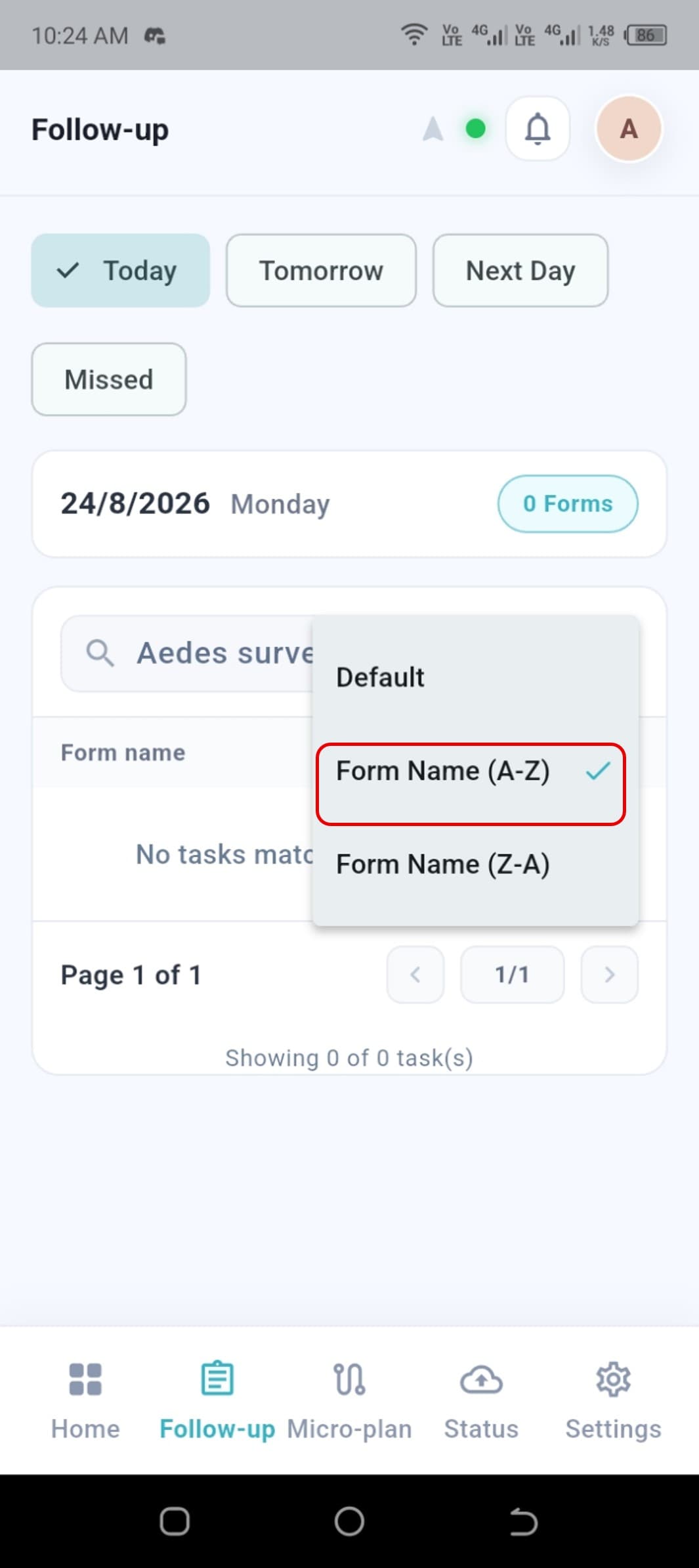 Filter menu with Form Name A to Z selected