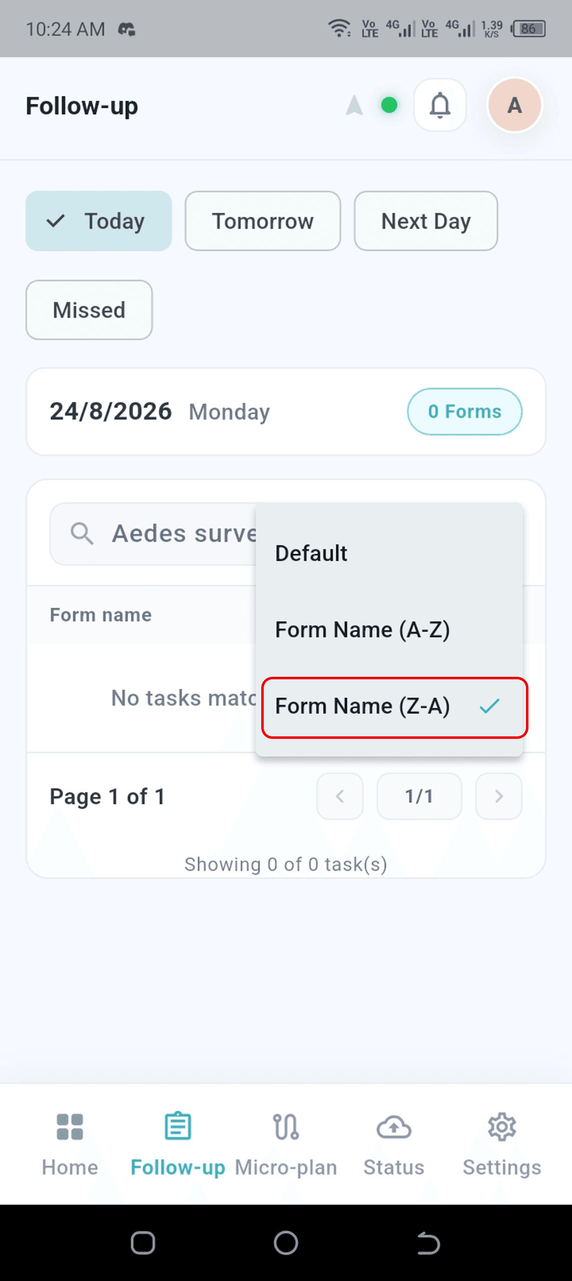 Filter menu with Form Name Z to A selected