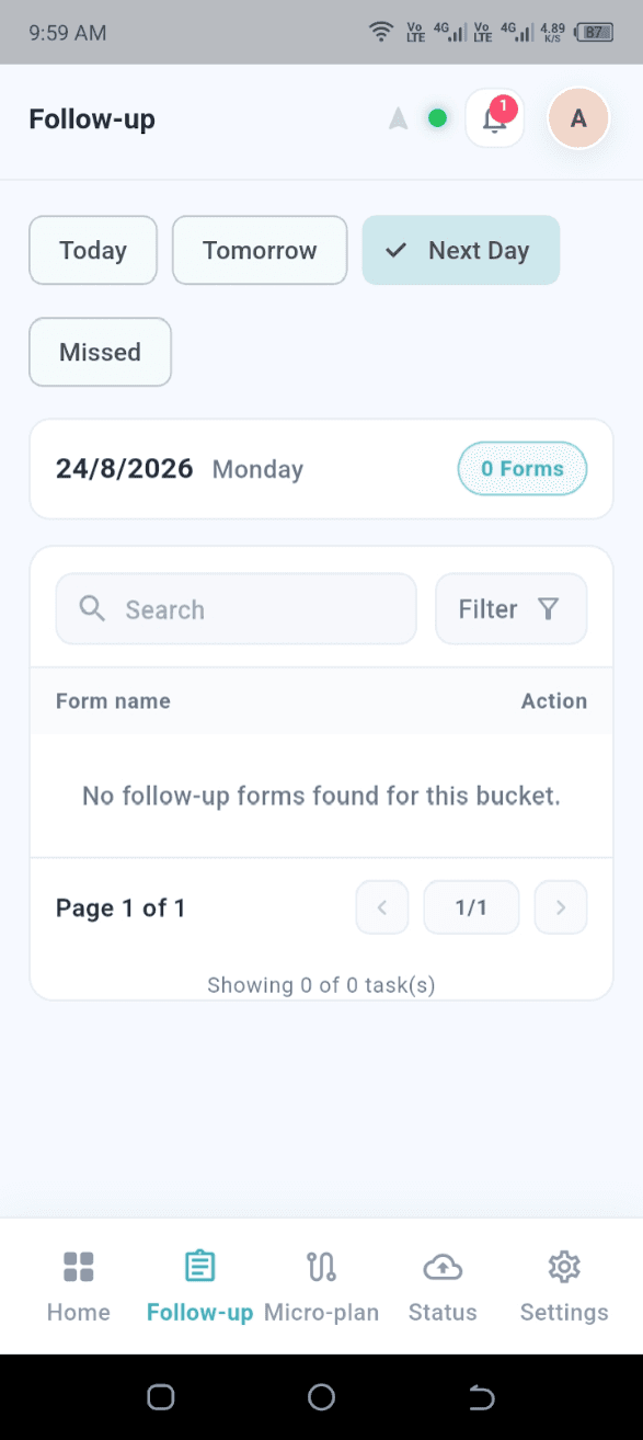 Follow-up page with the Next Day tab selected