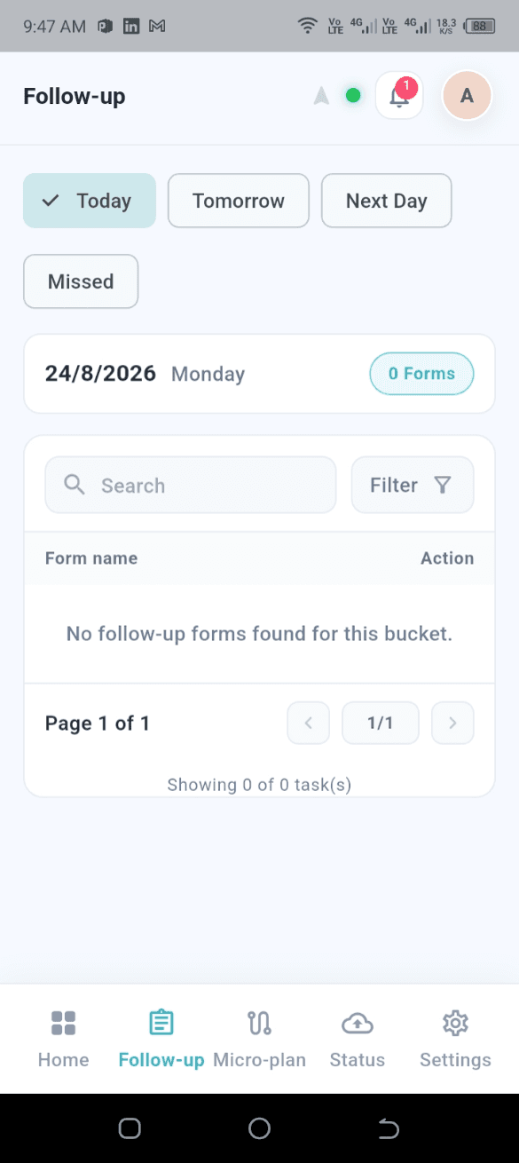 Follow-up page with the Today tab selected
