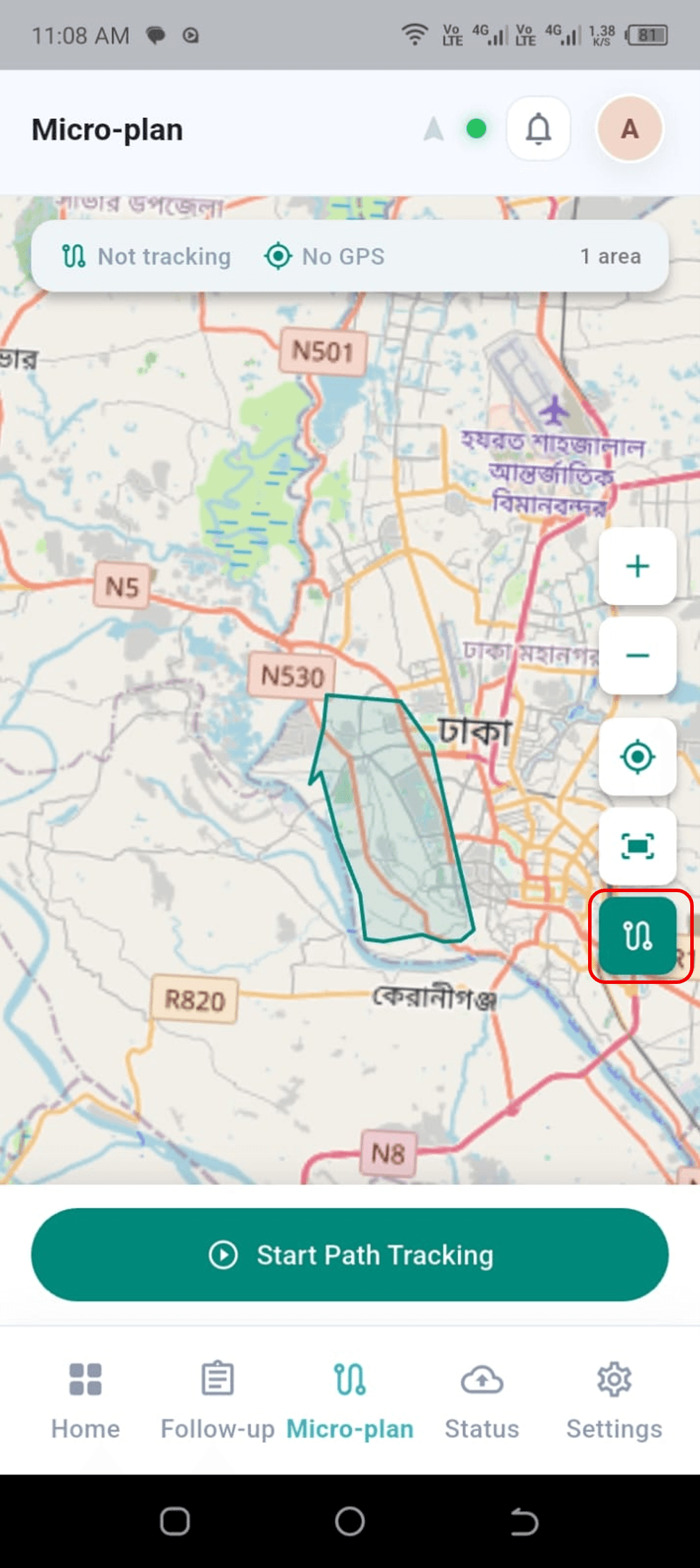 Path tracking control highlighted on the microplanning map