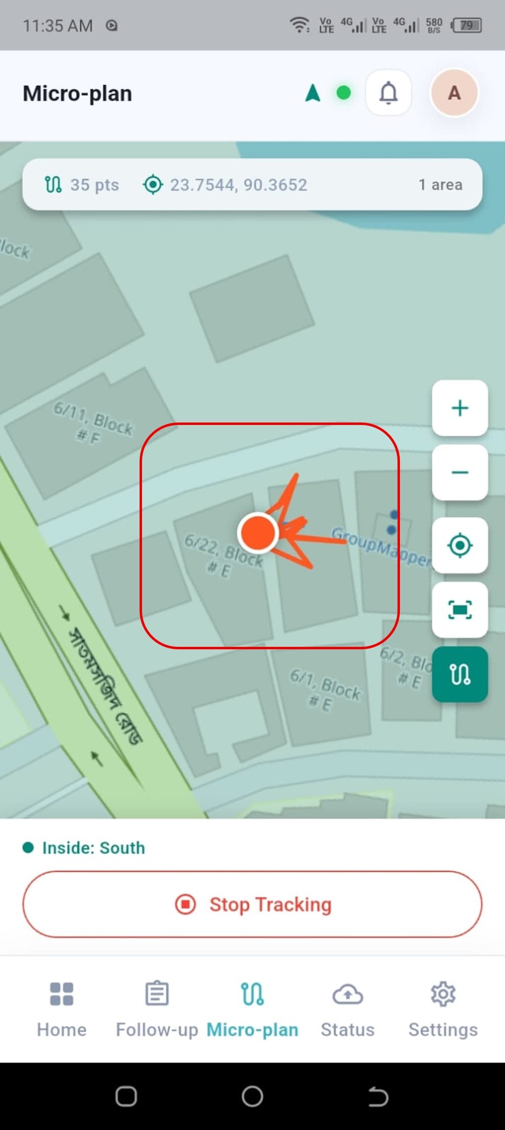 Real-time location and movement tracked on the microplanning map