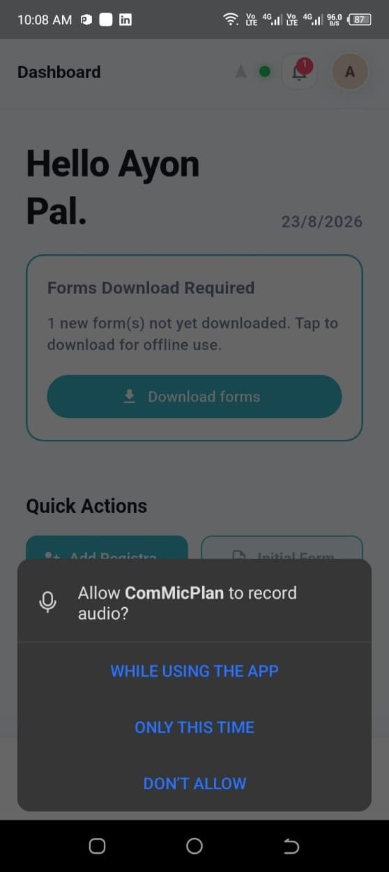 Allow ComMicPlan to record audio permission prompt
