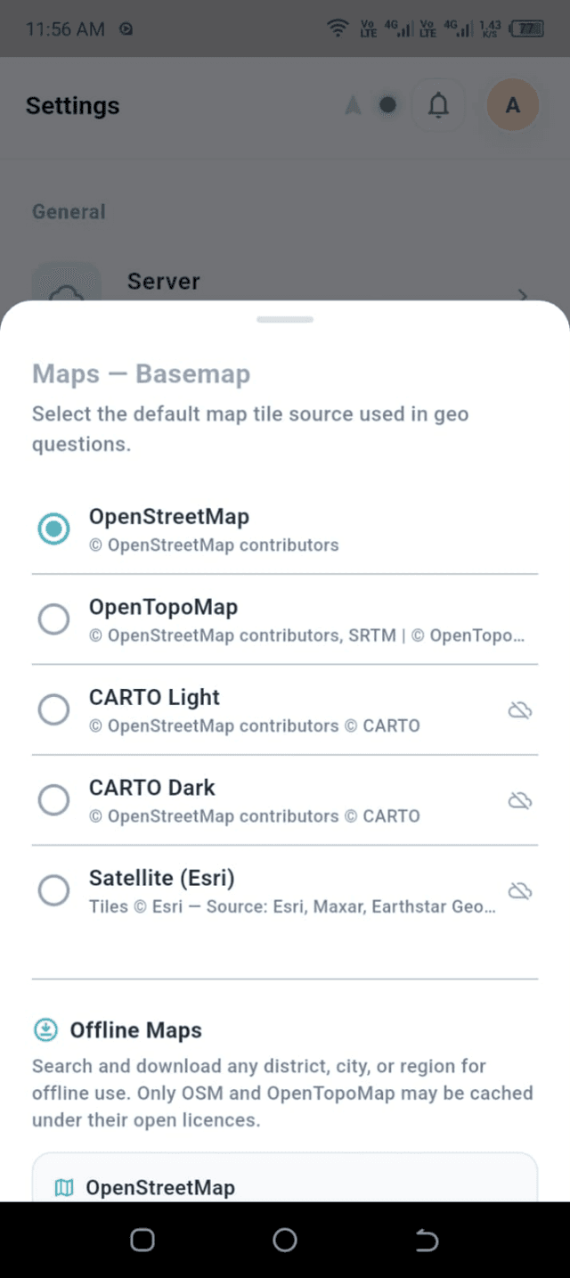 Maps settings options