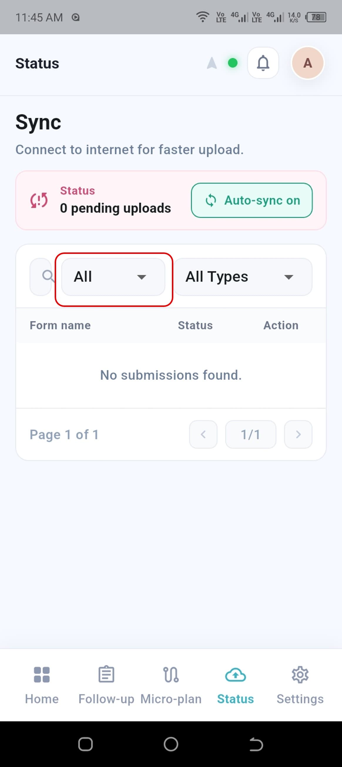 Status filter with Pending, Synced, and All options