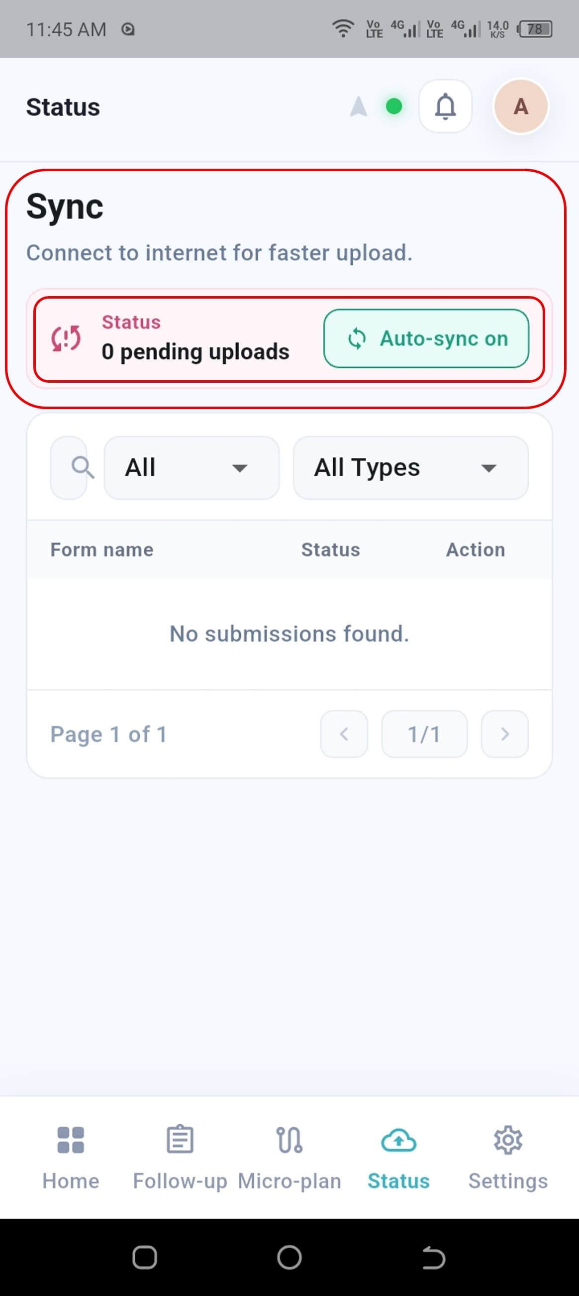 Status page with the Sync section showing pending uploads and Auto Sync