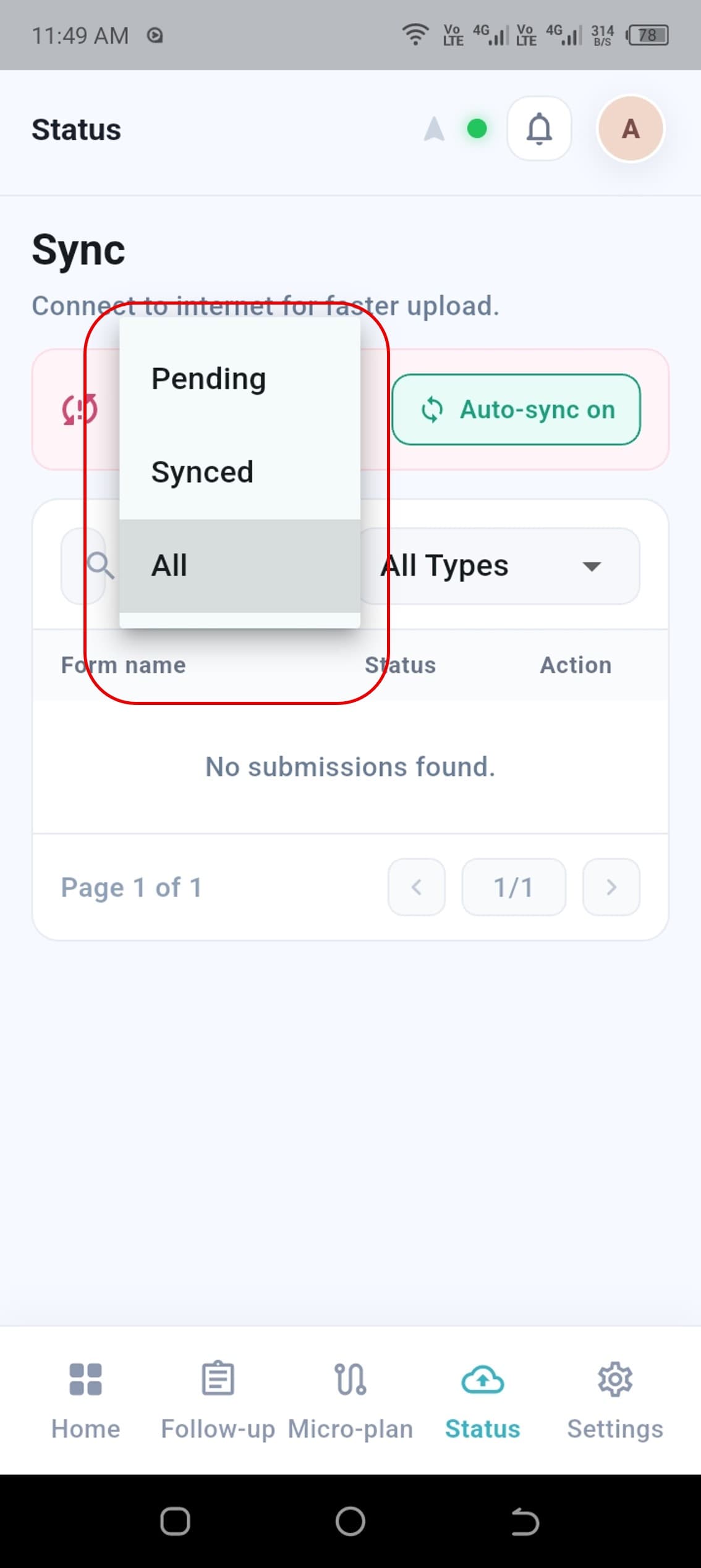 Status and type filters combined to narrow the submission list
