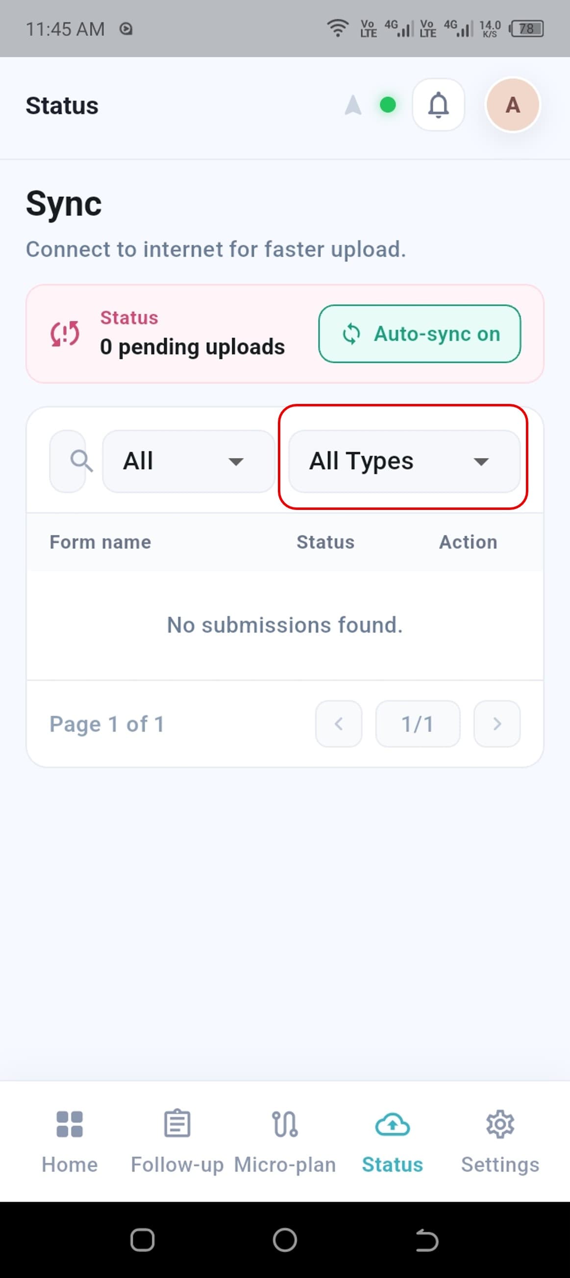 Type filter on the Status page