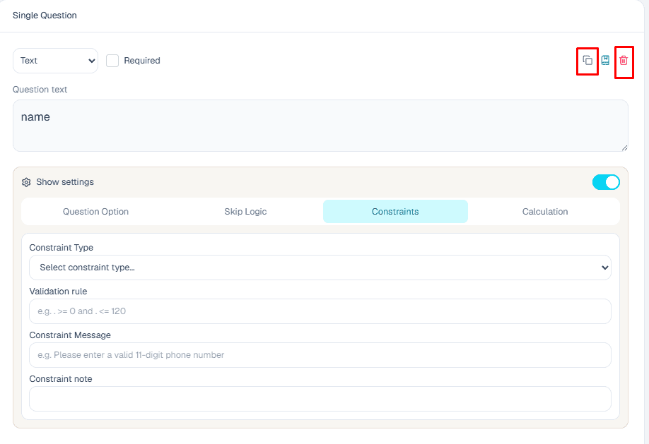 Clone control for a question in the ComMicPlan builder