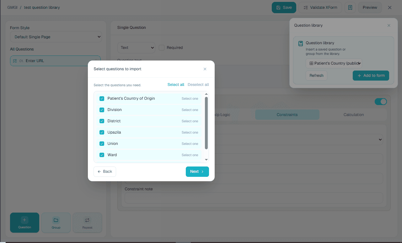 Imported single library question in the form builder