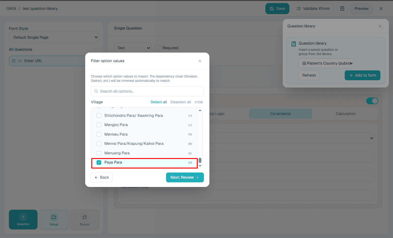 Imported library question preview in the form builder