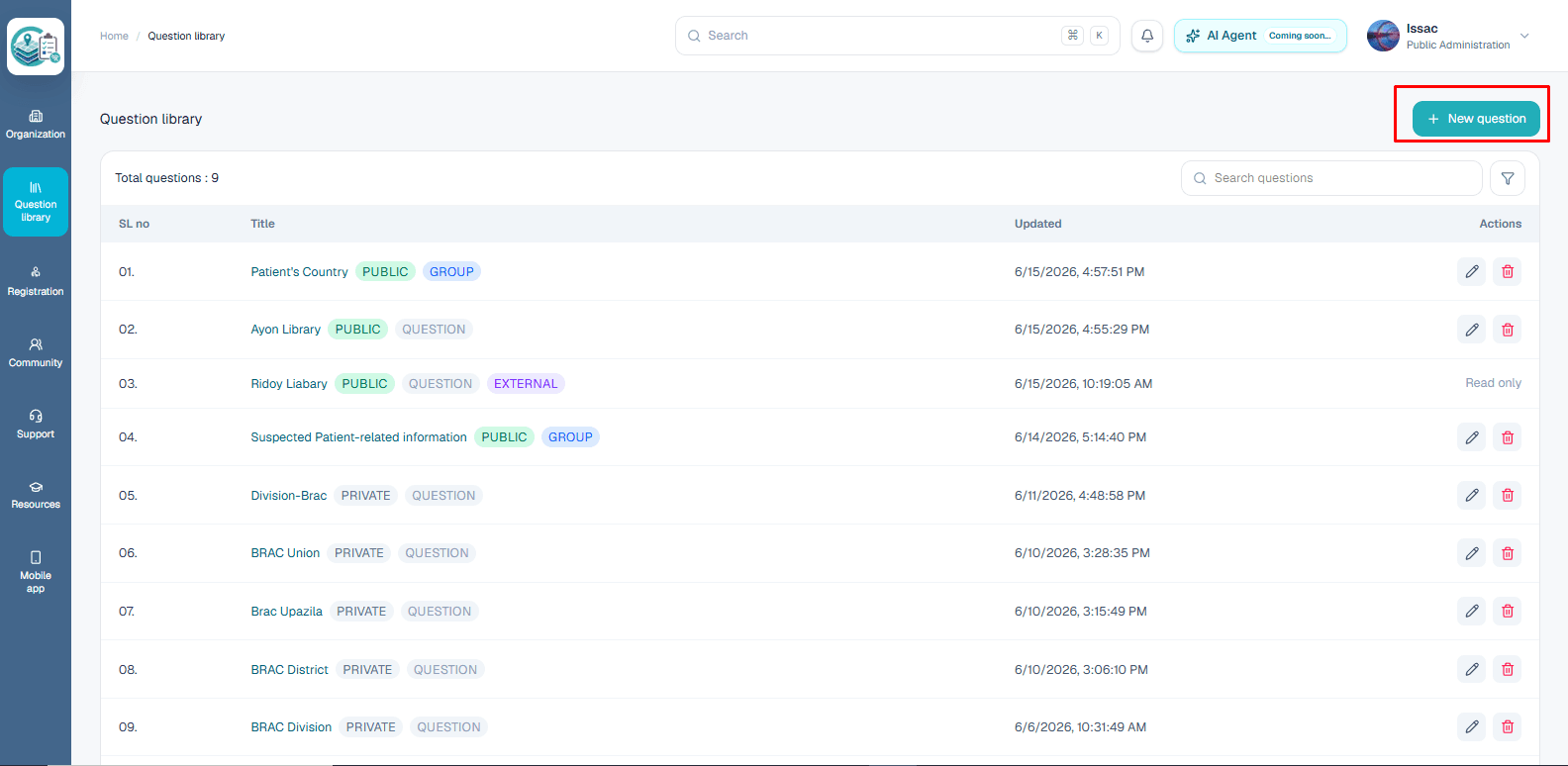 New question visible in the question library