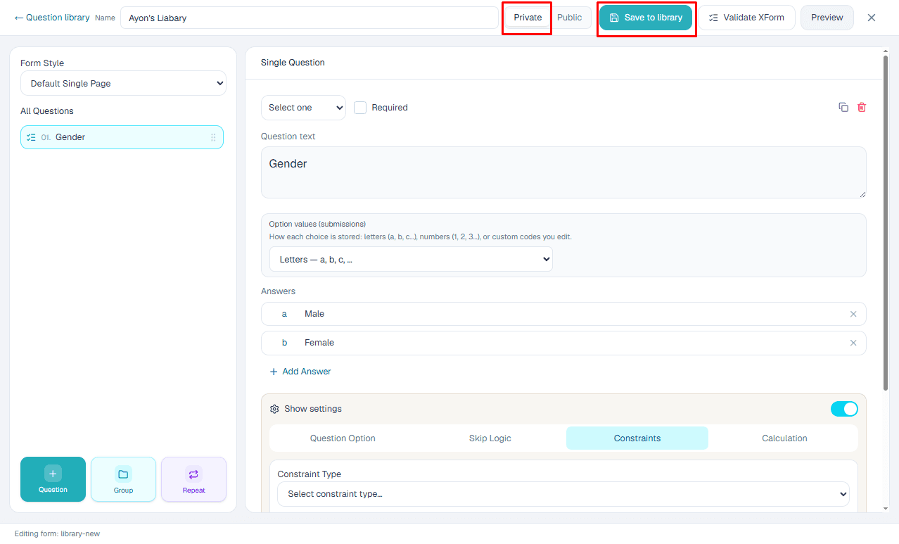 Private question library setup