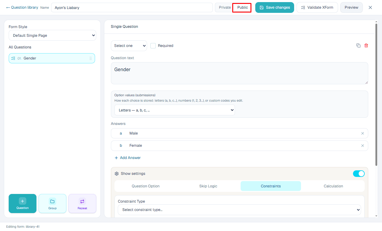 Public question library setup