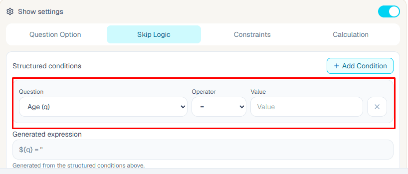 Skip logic default state before a condition is added
