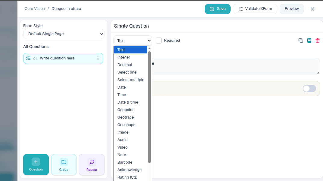 Full question builder workspace with question list and editor panel