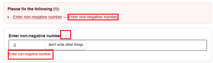 Non-negative number constraint preview with an invalid negative value