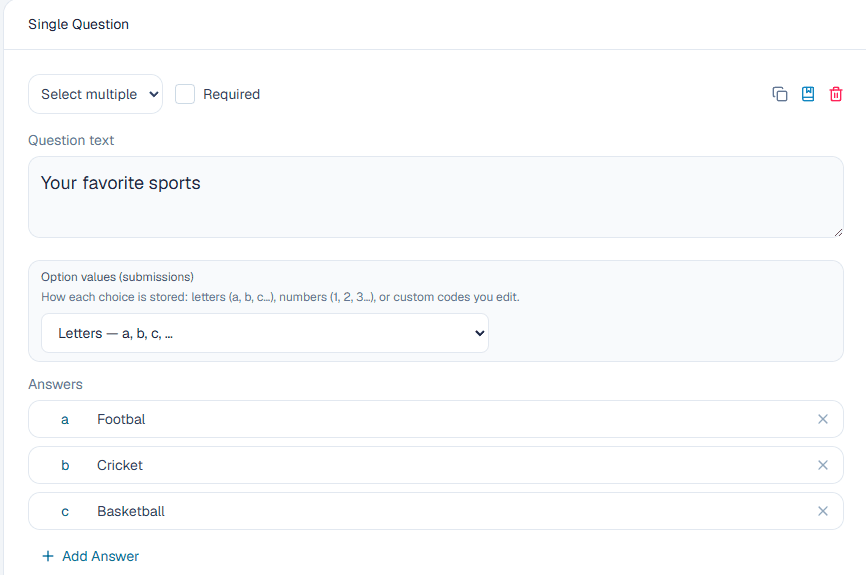 Select multiple setup in the ComMicPlan question builder